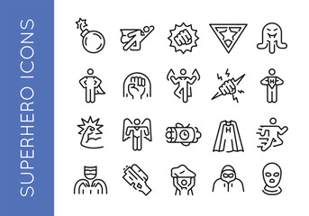 Superhero icons. Set of 20 superhero trendy minimal icons. Example: Bomb, Flying, Fist, Mask, Cape icon. Design signs for web page, mobile app, packaging design. Vector illustration