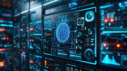 Obraz premium Futuristic data center with advanced AI visualization. High-tech control panels and digital interfaces. Artificial intelligence concept.