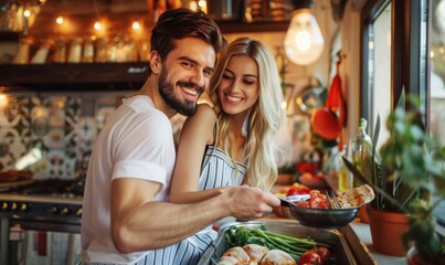 A cute couple cooking together