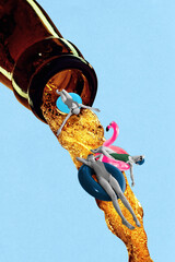 Three women in swimsuits appearing from flow of beer from a bottle, against light blue background....
