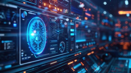 Futuristic digital interface with neural network visualizations, data analytics, and advanced technology screens in a high-tech environment.