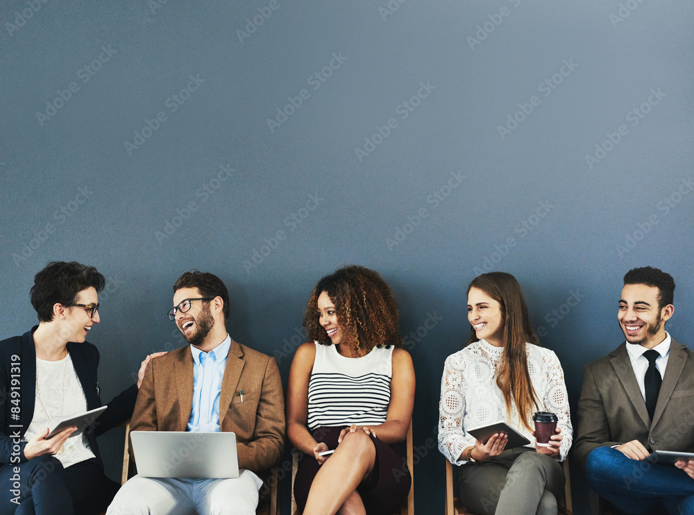 Poster business, employee and office queue with devices, connection and tech with people for online network