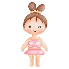 Adorable watercolor illustration of a cute girl in pink ballerina costume with hearts. Ideal for children's decor and designs.