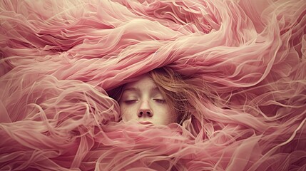 Beautiful redhead woman posing wrapped in pink tulle fabric