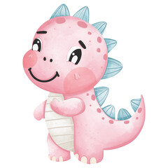 Adorable pink cartoon dinosaur with blue spikes, smiling and standing on two legs. Perfect for children's illustrations and playful designs.