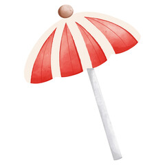 Obraz premium Colorful striped beach umbrella with red and white panels, ideal for summer, beach, sunshade, relaxation, and outdoor activities.