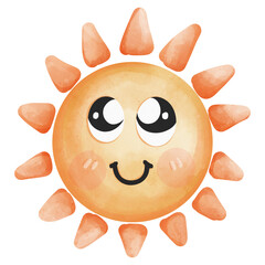 Cute and cheerful watercolor cartoon sun with big eyes and a smile. Perfect for children's illustrations, educational materials, and decoration.
