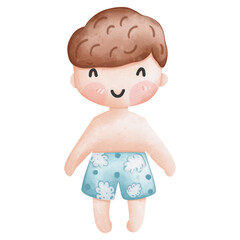 Cute illustration of a boy with brown hair in blue shorts. Ideal for children's designs, websites, and printed materials.