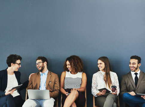 Business, employee and office queue with devices, connection and tech with people for online networking. Recruitment, line up and creative agency for opportunity, communication and job interview