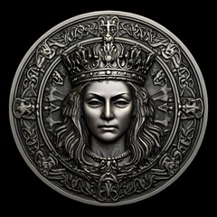 Silver Medallion of a Celtic-Style Coin with a Queen in Crown on Solid Black Background