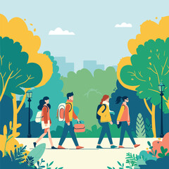 Four young adults walking through park, two male, two female, casual attire, daytime scene. Diverse group strolls past trees, cityscape background, peaceful atmosphere. Commuters backpacks, one