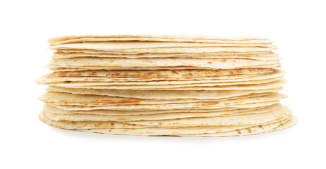 Many tasty homemade tortillas isolated on white