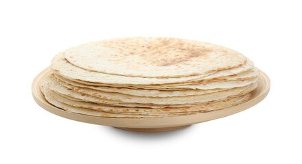 Stack of tasty homemade tortillas isolated on white