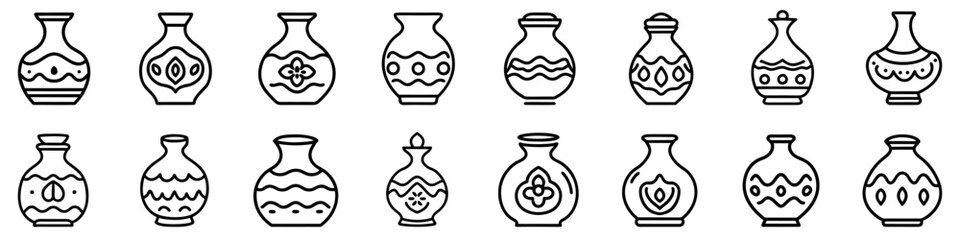 Jug icon. Set of various black silhouettes of pottery. Vector illustration. Linear icons of amphoras with different patterns.
