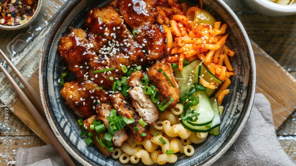 Wall mural korean style pork cutlet with a flavorful sauce mixed vegetables and macaroni