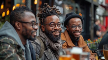 Obraz premium Three joyful men sharing a light moment over drinks at an outdoor café, reflecting friendship and happiness