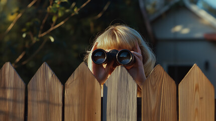 A curious woman spying on her neighbors using binoculars, embodying neighborhood voyeurism.