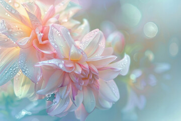 Vibrant flowers with shimmering dewdrops in a soft, dreamy background