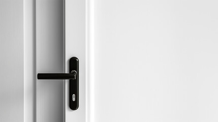 Minimalist home interior with a focus on a sleek black door handle against a clean white door.