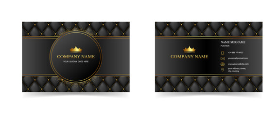 Luxury business card template leather black upholstery diamond with gold.Vector stock illustration.
