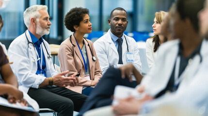 A panel of experts discussing healthcare advancements at a medical symposium with engaged professionals in the crowd.