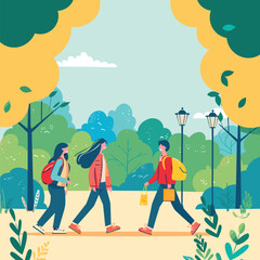 Two young women walking through park chatting, casual clothing, backpacks, sunny day. Friends stroll outdoor, trees, nature, path, peaceful, daytime, colorful illustration. Female characters enjoy