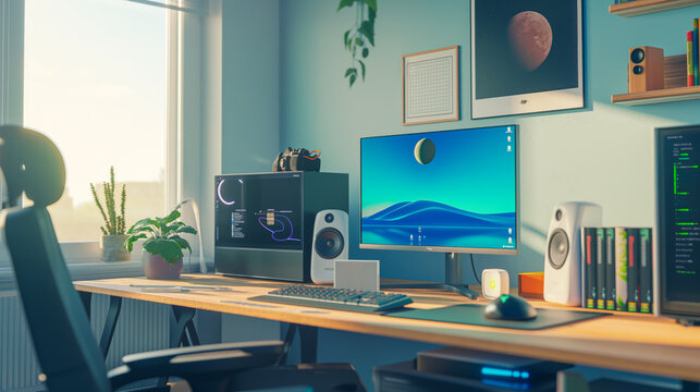 Creative workspace setup at home featuring ergonomic furniture and high-tech gadgets for productive remote working or e-learning sessions.