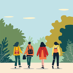 Four people walking through park peaceful stroll friends group diverse individuals. Casual clothing backpacks outdoors leisure activity bonding. Illustration depicts people walking away experiencing