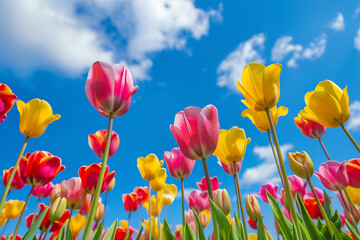 Fototapeta premium Beautiful tulips against the blue sky.
