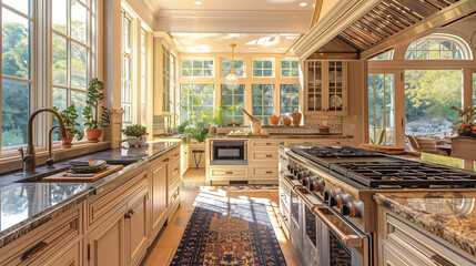 interior of modern kitchen. Luxury organic kitchen which has old fashioned 90s dark mosaic granite countertops which have been cleverly updated. 