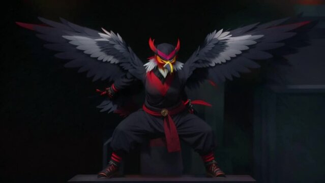 This illustration portrays a tengu, a mythological creature from Japan depicted as half-human, half-bird, with black feathers and large red wings. Its face is menacing with a prominent long nose and s