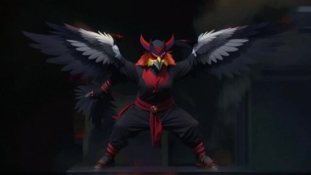 This illustration portrays a tengu, a mythological creature from Japan depicted as half-human, half-bird, with black feathers and large red wings. Its face is menacing with a prominent long nose and s