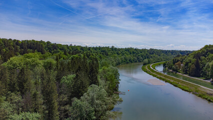 
Isar river in Munich aerial view. South German river flowing down through a valley sorrounded by...