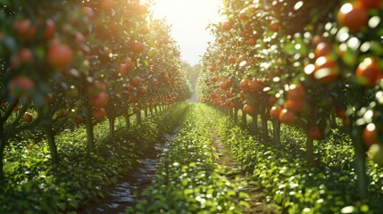 An orchard with tomato trees full of red tomatoes.	
