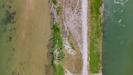 
Isar river in Munich aerial view. South German river flowing down through a valley sorrounded by...