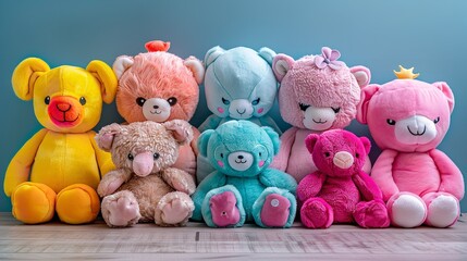 A collection of colorful stuffed plush toys, Generative AI.