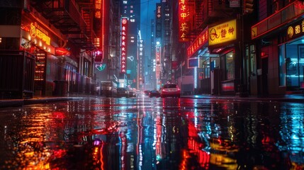 Obraz premium Luminescent neon lights reflecting in rain-soaked city streets at dusk