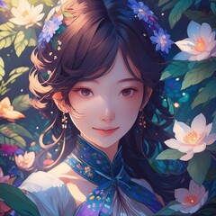 애니메이션 이국적인 세계와 빛에 있는 젊은 갈색 머리 관능적이고 아름다운, 신비한 여자의 초상화