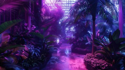 Fototapeta premium Neon jungle, exotic plants bathed in vibrant