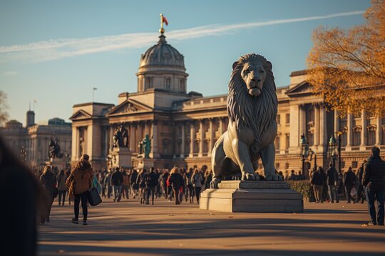 Trafalgar Square with Nelson column and national gallery., generative IA
