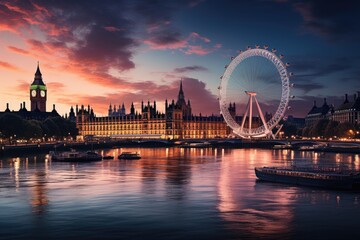Magic night in London, London Eye under the lights., generative IA