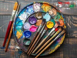 Obraz premium Paint Elements on wood background, top view, Copy Space
