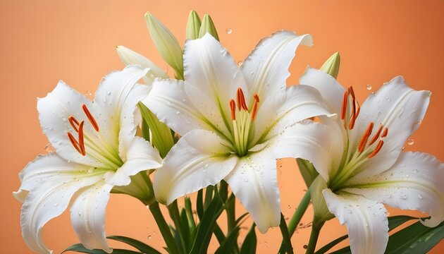 Isolated white lily lillies with copy space on a clean peach backdrop background banner poster header design