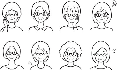 困っているシニアの女性の顔アイコンのセットイラスト 8人