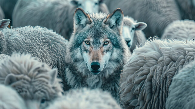 Gray wolf among a flock of sheep