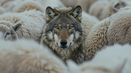 Gray wolf among a flock of sheep