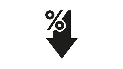A black percentage symbol with a downward arrow is isolated on a white background, serving as a powerful statistical icon indicating decline.