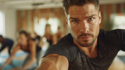 Personal trainer and gym group doing side planks for strength. An intensive workout with a coach or leader in a health club.
