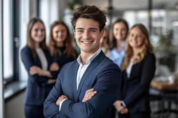 Fototapeta premium In an office with coworkers, a confident young Caucasian businessman stands with his arms crossed. Determined leader and entrepreneur willing to succeed in business with team