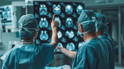 Medical, x-ray, and surgery with doctors planning MRI scan, strategy, or study session. Healthcare surgeons diagnose, treat, and operate with medicine, consultation, and radiological images.
